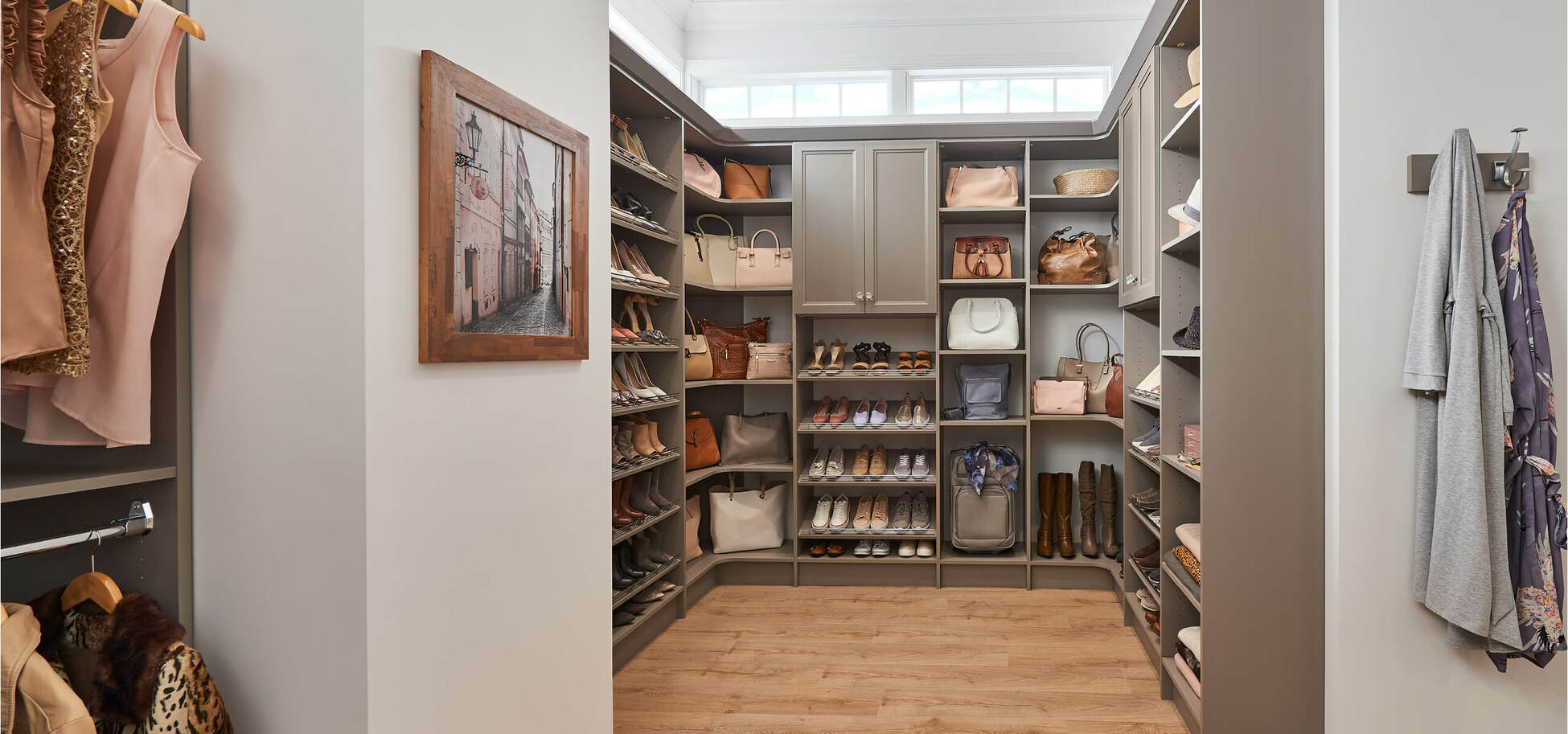 Wood Shelving and Drawers in Walk-in Closet