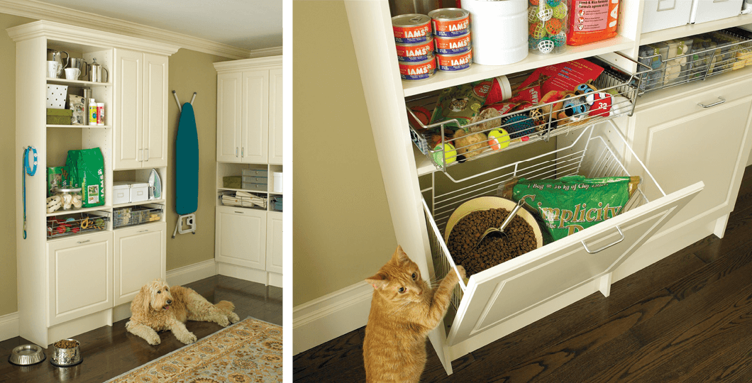 Incorporate special storage in your mudroom just for the four-legged members of your family.  Get pet organization tips.