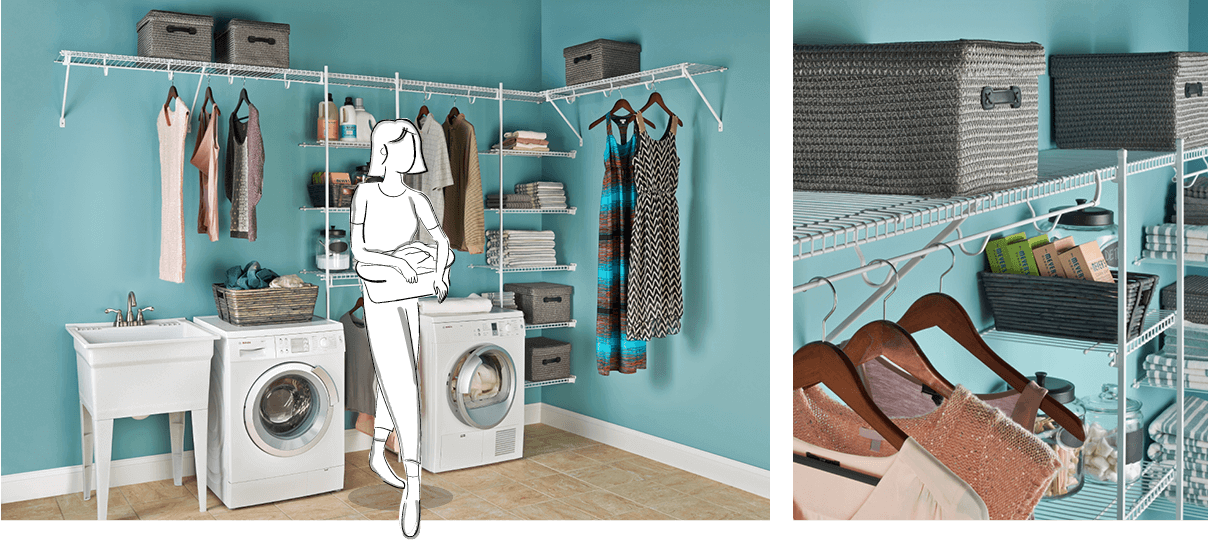 Wire shelving is a perfect fit for the laundry room because of its ventilation qualities. Plus, it’s easy to wipe clean.  Read more about Fixed-Mount Ventilated Wire.