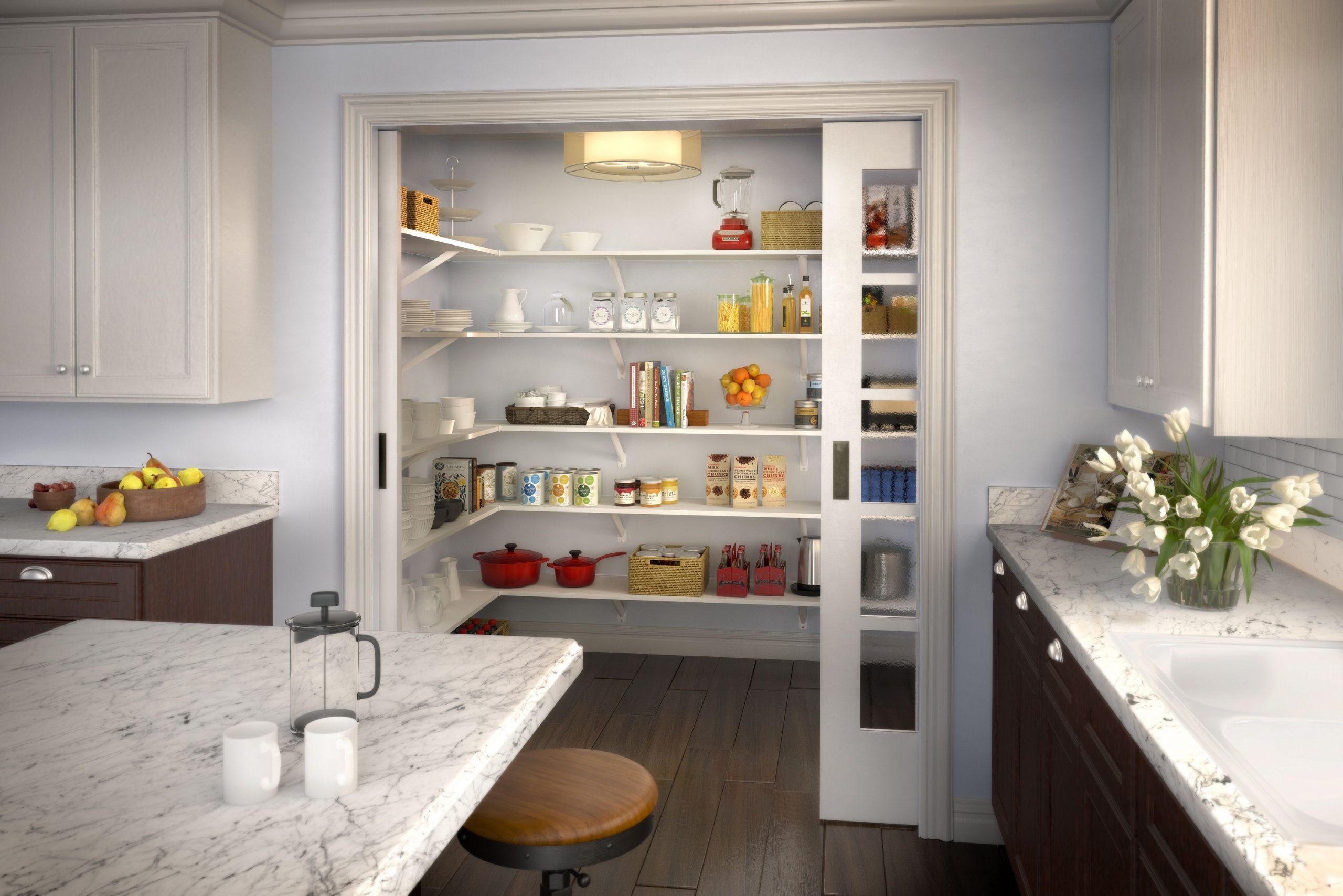 Keep it simple in your walk-in pantry. A few symmetrically placed shelves are all you need for an elegant and functional storage area.  Explore ExpressShelf™